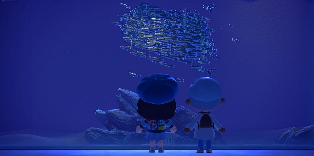 Two players standing side-by-side thoughtfully, facing away from the camera in the island’s museum.