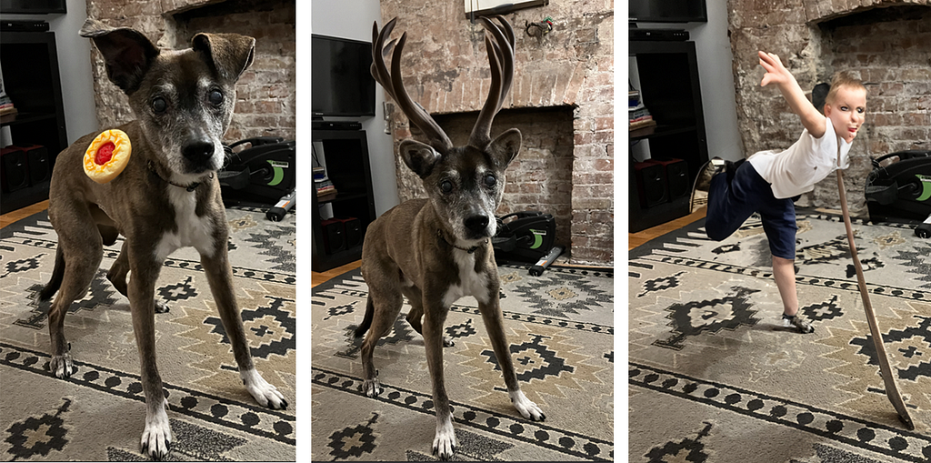 A photo of a dog with some sort of round, non-Pop-Tart pastry seemingly glued to the side of his body. A photo of the same dog with antlers and smoothed our deer ears. And a photo of a creepy AI child standing where the dog had been in the other photos.