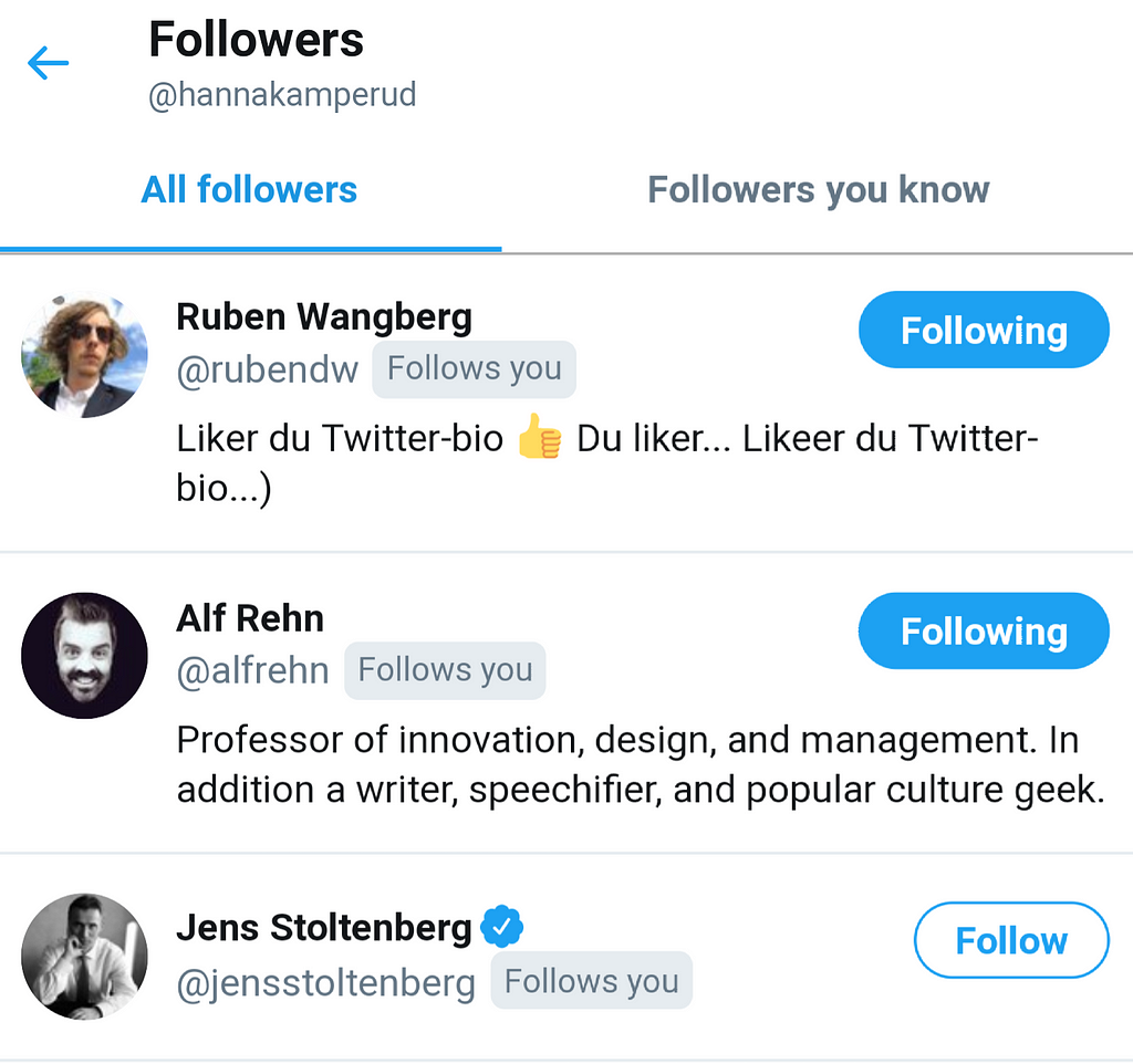 A screenshot from twitter of three followers. Ruben Wangberg, Alf Rehn and Jens Stoltenberg