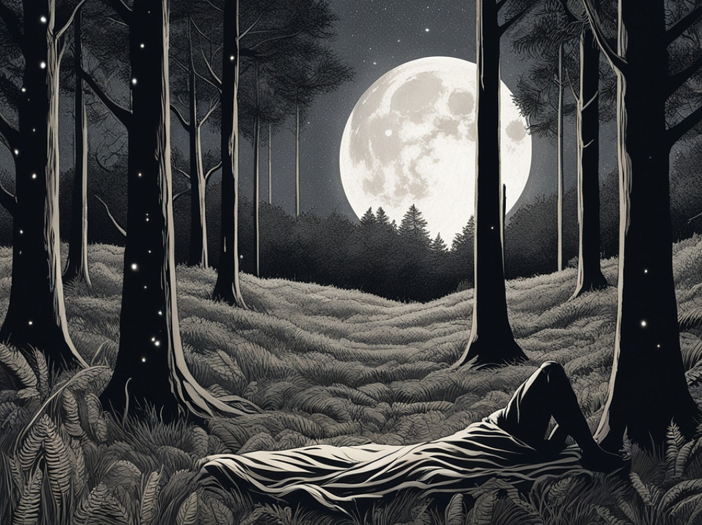 A dream like peaceful forest clearing surrounded by tall trees at night, with a crescent moon in the sky. A person lies on a comfortable blanket with their eyes closed, hands resting on their stomach as they practice deep breathing. The air is still and quiet, except for the gentle rustling of leaves and chirping of crickets. Above the person, a glowing moon representing their calming thoughts as they drift off to sleep.