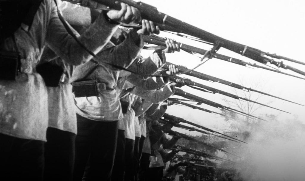 In “Battleship Potemkin,” Tsarist troops fire indescriminately upon Ukrainian citizens in 1905.
