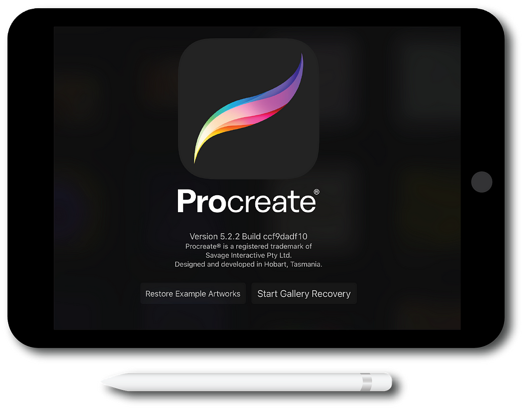 An image of an iPad screen with the Procreate Logo on screen