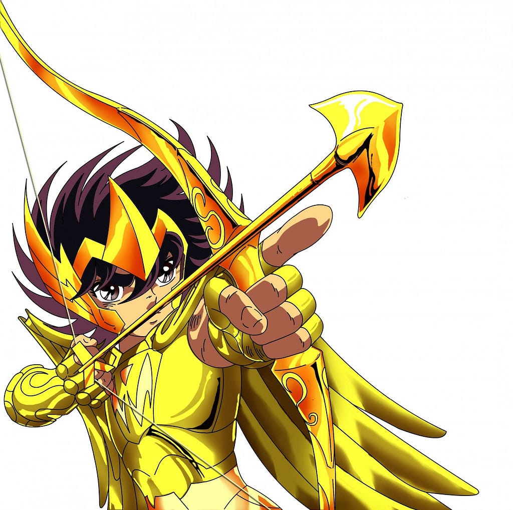 imagem: seiya com armadura de sagitário apontando a flecha dourada.