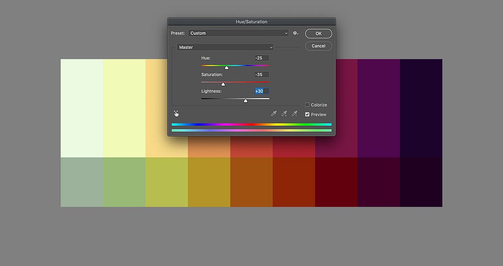 Photoshop’s hue, saturation and value dialog pop over our color palette with cooler shades