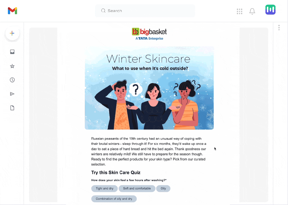 An interactive email with a quiz that subscribers can take inside email