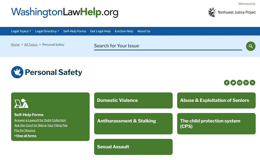 A screenshot of a WashingtonLawHelp.org webpage is shown. The title of the webpage is “Personal Safety” and there are green boxes below the title that link to pages with legal resources on topics such as domestic violence and sexual assault.