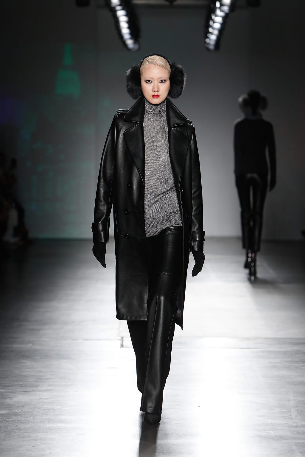 Black Leather Signature Trench, Metallic Silver Handloomed Boyfriend Turtleneck, Black French Lacquer Leather Lean Trouser