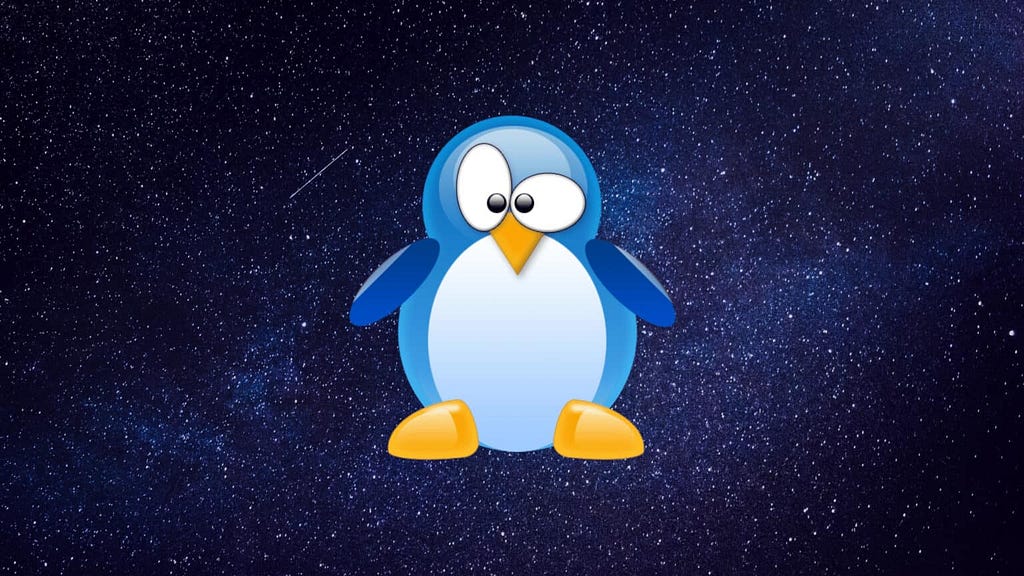 blue penguin winking on a outer spacefilled with stars background