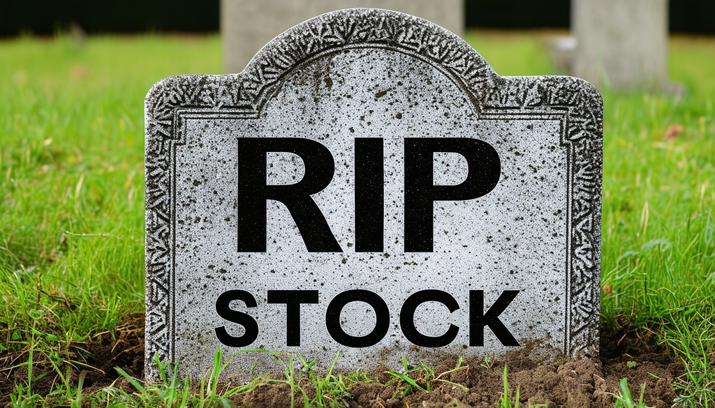 A weathered, gray tombstone stands in a grassy cemetery. The inscription on the tombstone reads “RIP STOCK” in bold, black letters.