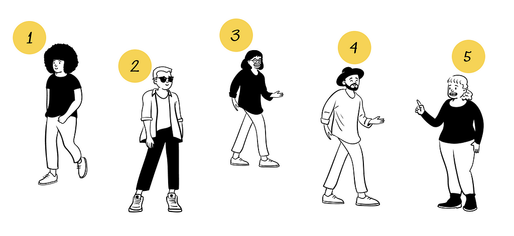Shown illustrations of 5 people standing in a row