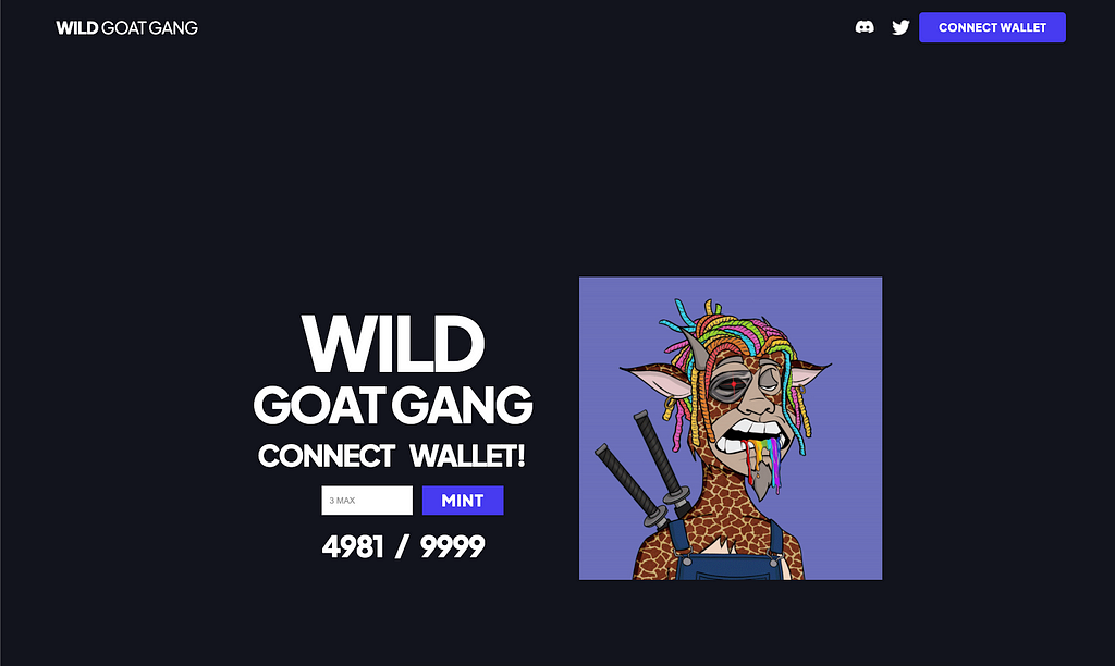Screenshot of Wild Goat Gang NFT Minting page