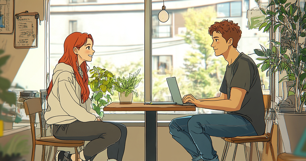 Two people dressed in casual work clothes, in a happy mood, sitting across a cafe table from each other, having a job interview. Big airy window in the background overlooking trees and buildings.