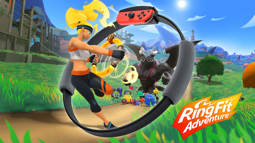 La pubblicità del videogioco RingFit Adventure, con una ragazza che corre combattendo contro dei mostri.