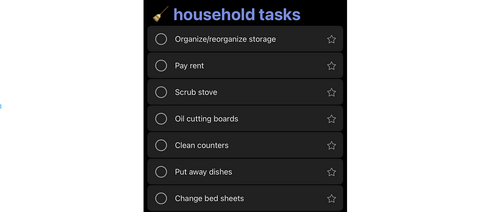 Household Tasks checklist: organize storage, pay rent, scrub stove, oil cutting boards, clean counters, put away dishes