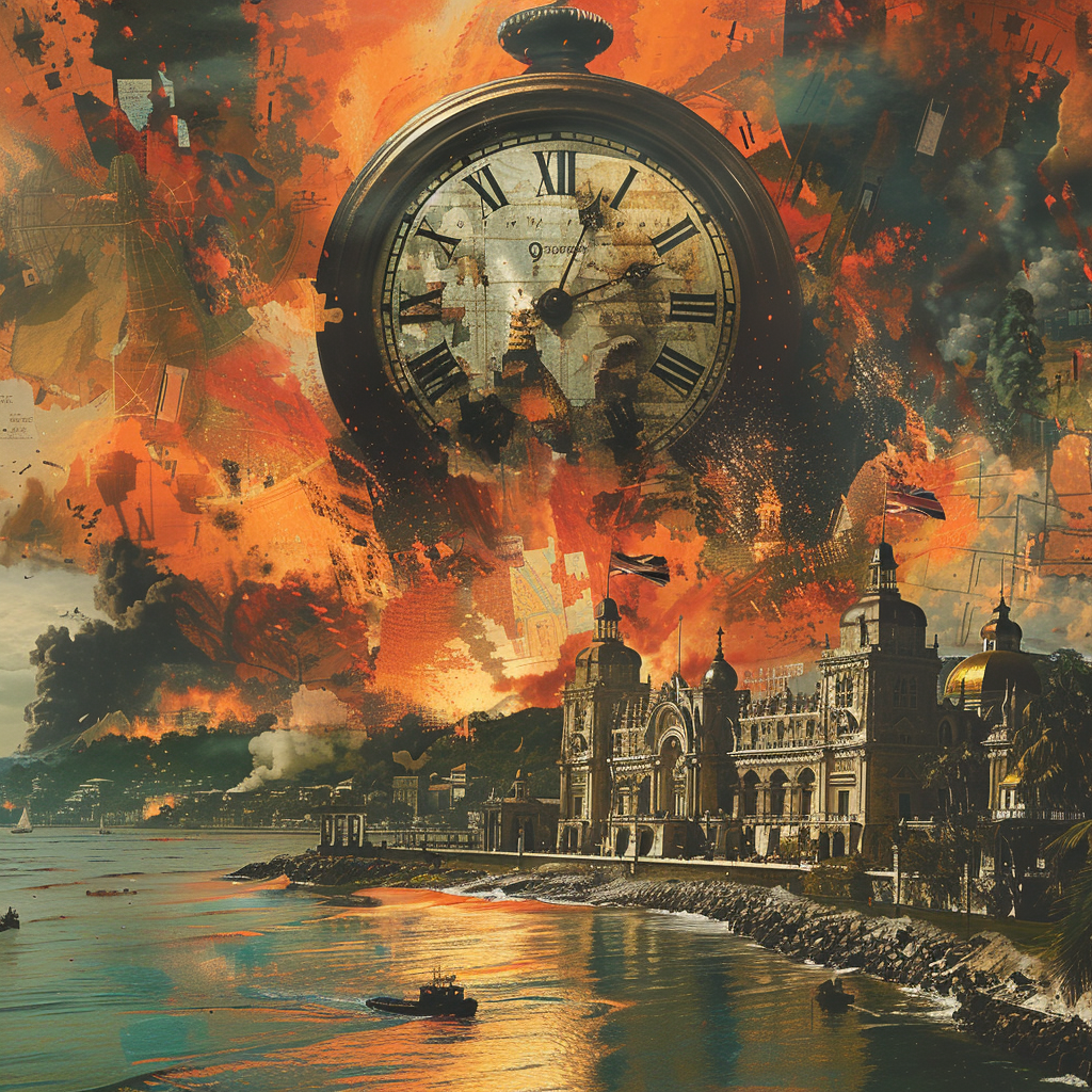 A vibrant digital art piece depicting the 38-minute Anglo-Zanzibar War, with a large vintage clock face in the center showing the time 9:38. The clock is surrounded by a collage of elements including: A British Navy warship firing cannons at a grand, ornate palace on the shores of Zanzibar Sultan Khalid bin Bargash fleeing on a small boat, his robes billowing in the wind The British flag and the flag of the Sultanate of Zanzibar waving in the background A map of Zanzibar and the surrounding regi