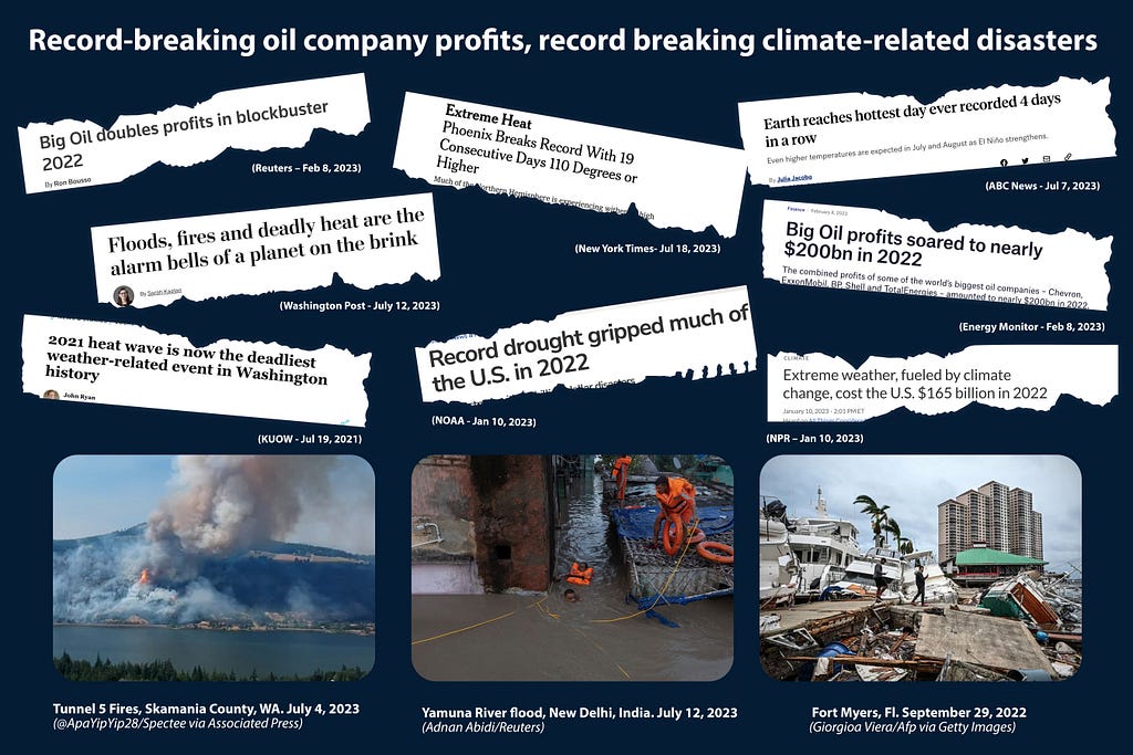 Collage of headlines and photos depicting record oil company profits and extreme weather events related to climate change. The title of the image says: Record-breaking oil company profits, record-breaking climate-related disasters