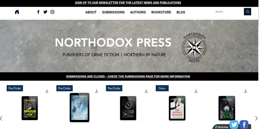 A screenshot of the Northodox.co.uk home page with a banner that states Northodox Press: Publishers of Crime Fiction, Northen by Nature, with five featured novels below on a white background.