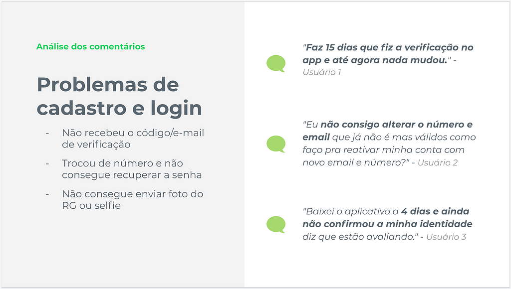 Imagem dividida em 2 sessões: a primeira mostrando problemas de cadastro e login e a segunda citações de usuários.