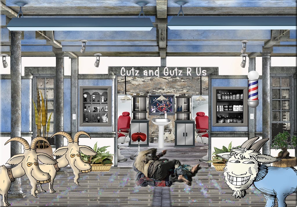 Three goats wait outside a hairdressing salon. A homeless man lies across the doorway.