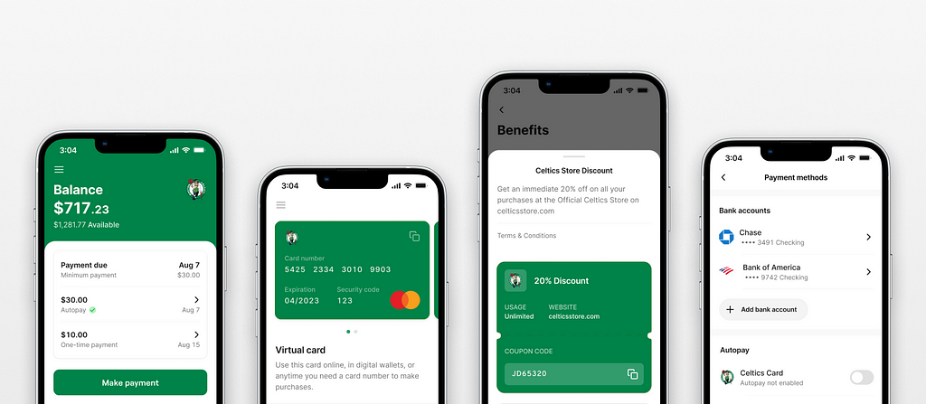 Various views from the Cardless mobile app. Left to right: homepage where people can see their balance, make payments, and see recent activity; The Card tab lets people view their card number; Coupon codes can viewed and redeemed in our app; and lastly we’re showing UI for payment methods and linked bank accounts
