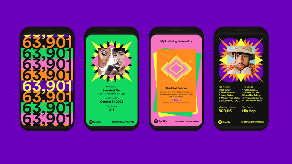 An image of 4 phones featuring the Spotify Wrapup from 2022 designs