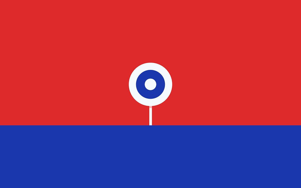 A simple illustration of a white and blue target on a red and blue background.