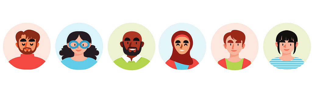 Illustrations of 6 people of different genders and ethnicities.