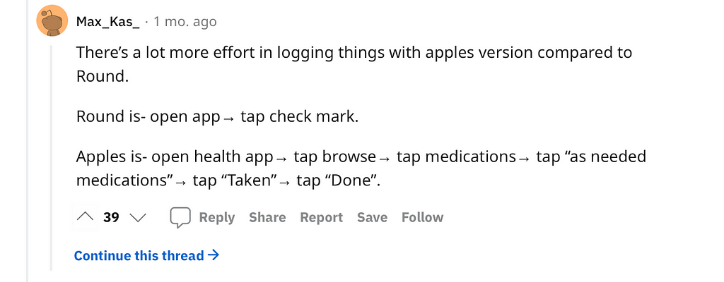 Reddit comment showing the process of marking a medication as taken