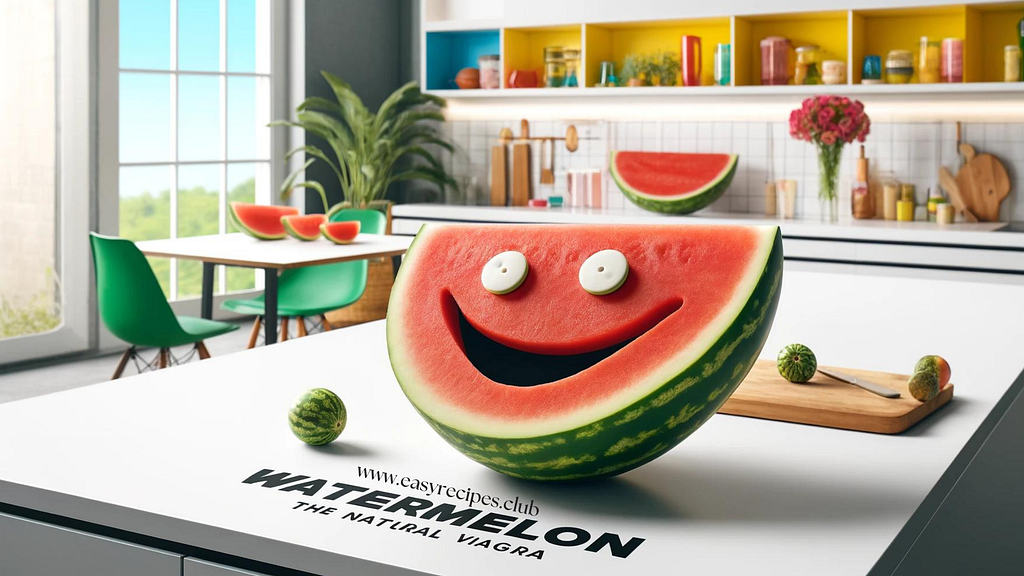 A humorous, photo-realistic image of a playful arrangement of watermelon slices on a sleek, white kitchen counter. The watermelon slices are creatively arranged to resemble a smiling face. The background features bright, colorful decor elements to enhance the playful vibe. The scene is well-lit with natural and bright artificial light. The text “Watermelon: The Natural Viagra” is overlaid in a bold, fun font.