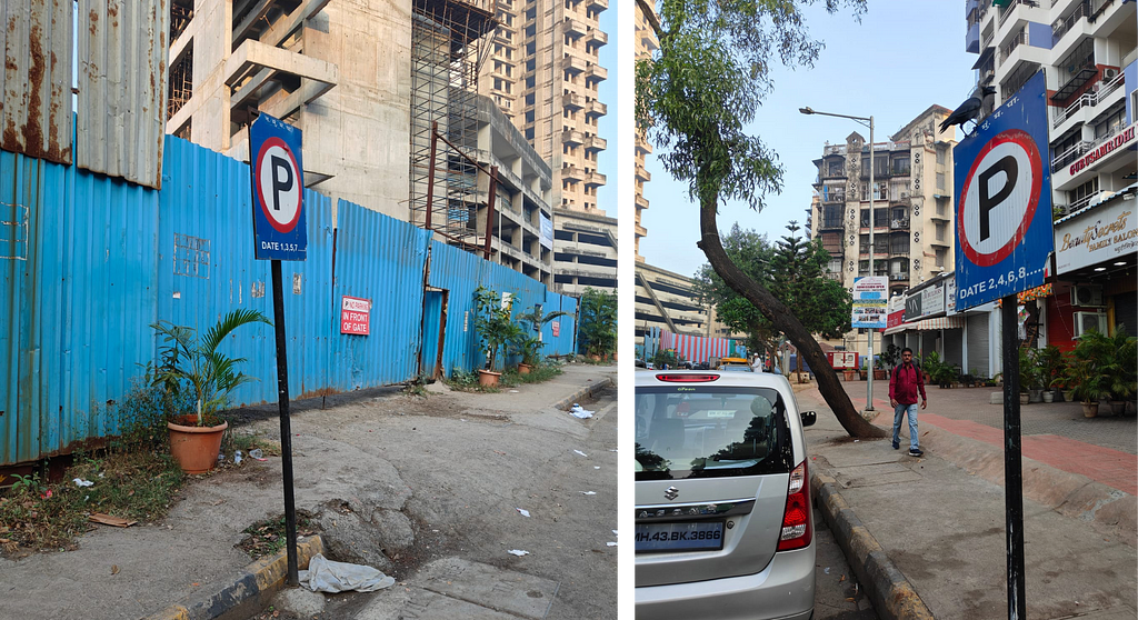 Parking indicators which mention odd dates on one side and even dates on other side of the road.