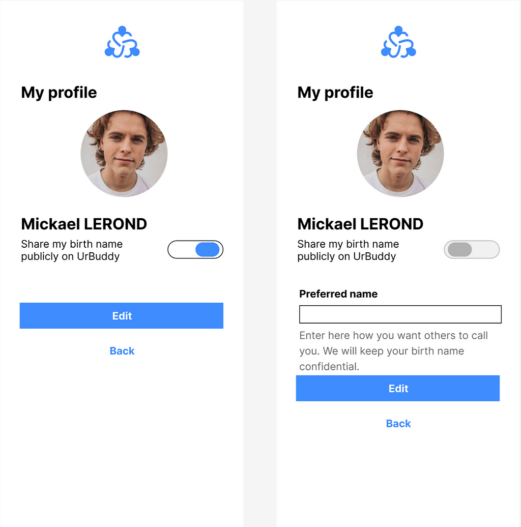 When the user deactivates the “share my birth name publicly on UrBuddy”, they can add a preferred name. There’s also a copy explaining how the preferred name works: “Enter here how you want others to call you. We will keep your birth name confidential.”.