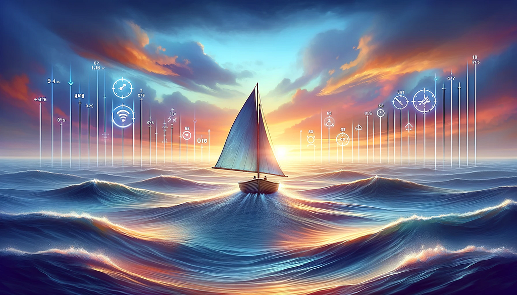 A serene ocean landscape at sunrise with a small, sturdy sailboat navigating calm waters, symbolizing a marketer’s journey guided by Key Performance Indicators (KPIs) in digital marketing.