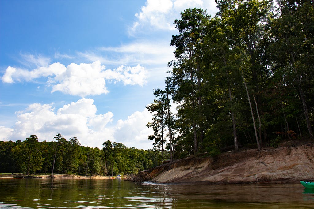 Another angle of the banks of Jordan Lake, close up to the edge with the blue sky in the back.