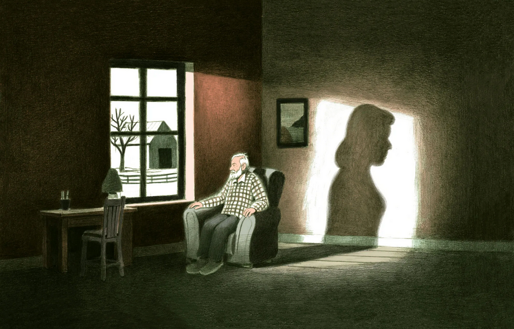 An illustration of an elderly man sitting in front of a window, with the light shining in on him.