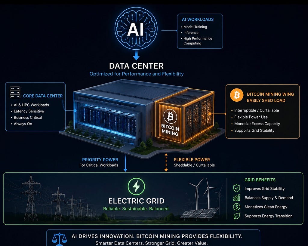 Graphic of an AI/HPC Data Center with a Bitcoin mining wing to balance load and generate revenue.