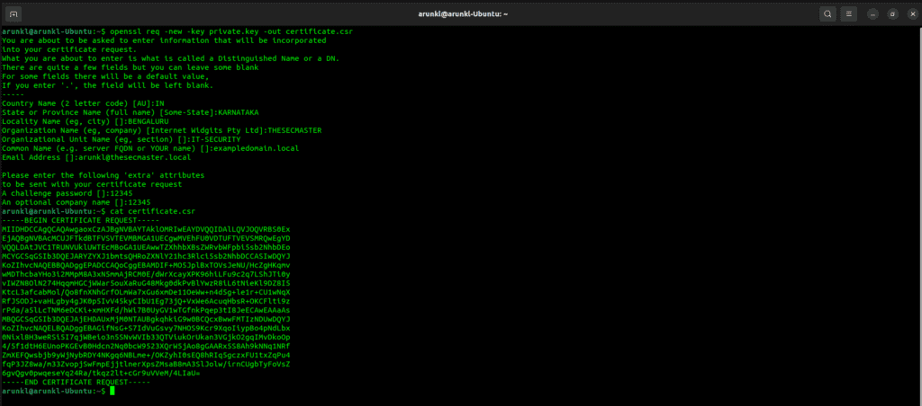 Terminal screenshot with the command to generate a CSR and saves it