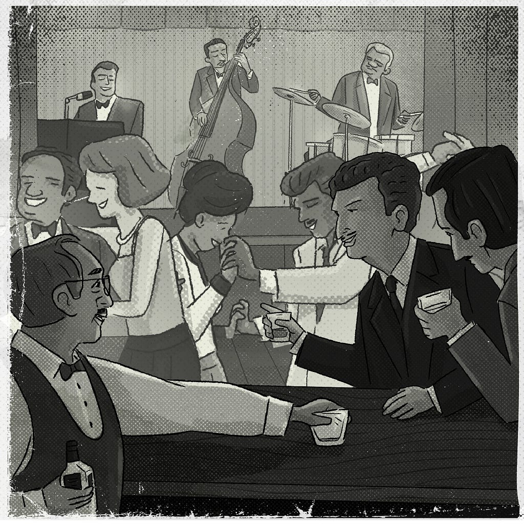 Ilustração em tons de cinza com textura pontilhada que apresenta uma cena de uma casa de shows e que uma banda toca ao fundo, alguns casais com trajes dos anos 60 dançam na pista e um garçom serve um copo de bebida para um senhor que está no balcão.