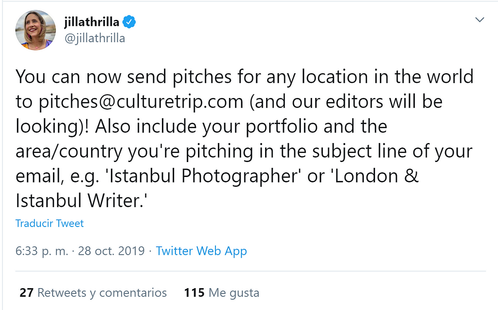 “You can now send pitches for any location in the world to pitches@culturetrip.com (and our editors will be looking!)”