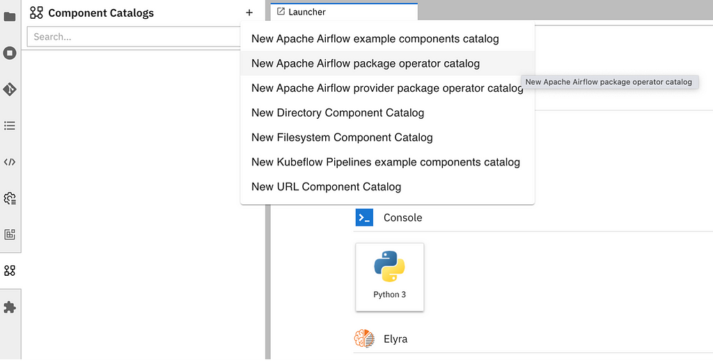 screenshot of adding a catalog in JupyterLab, with a panel and search bar labeled “Component Catalogs” on the left, and a list menu of new catalog options in the center with “New Apache Airflow Package Operator Catalog” highlighted