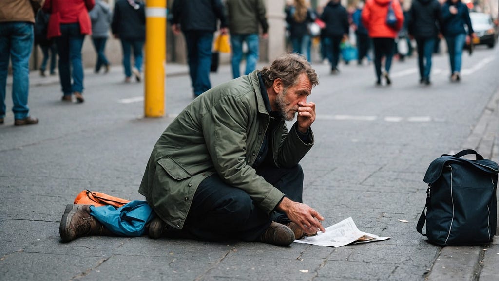 man begging on a busy street