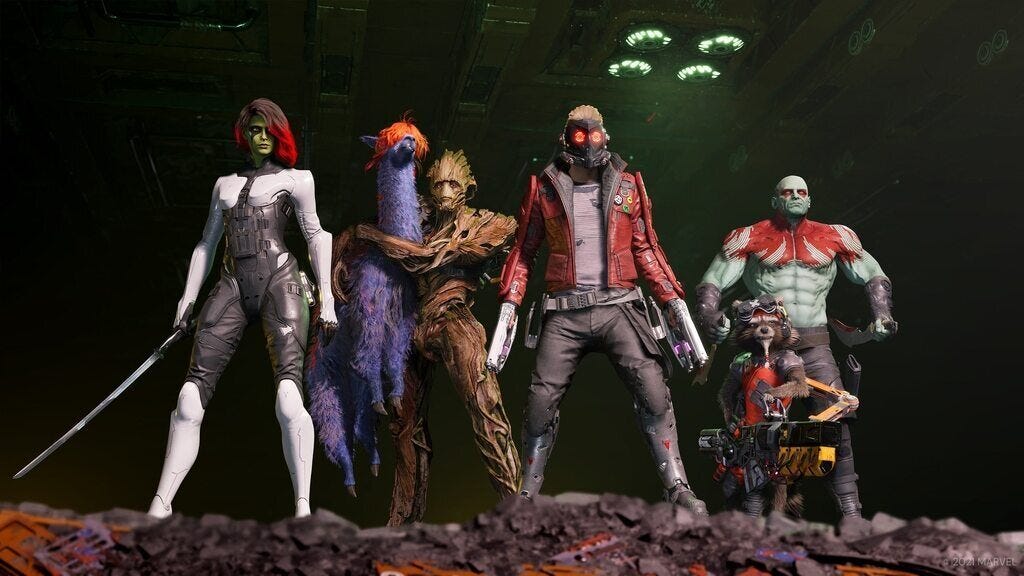 gamora, groot, star lord, drax, and rocket posing