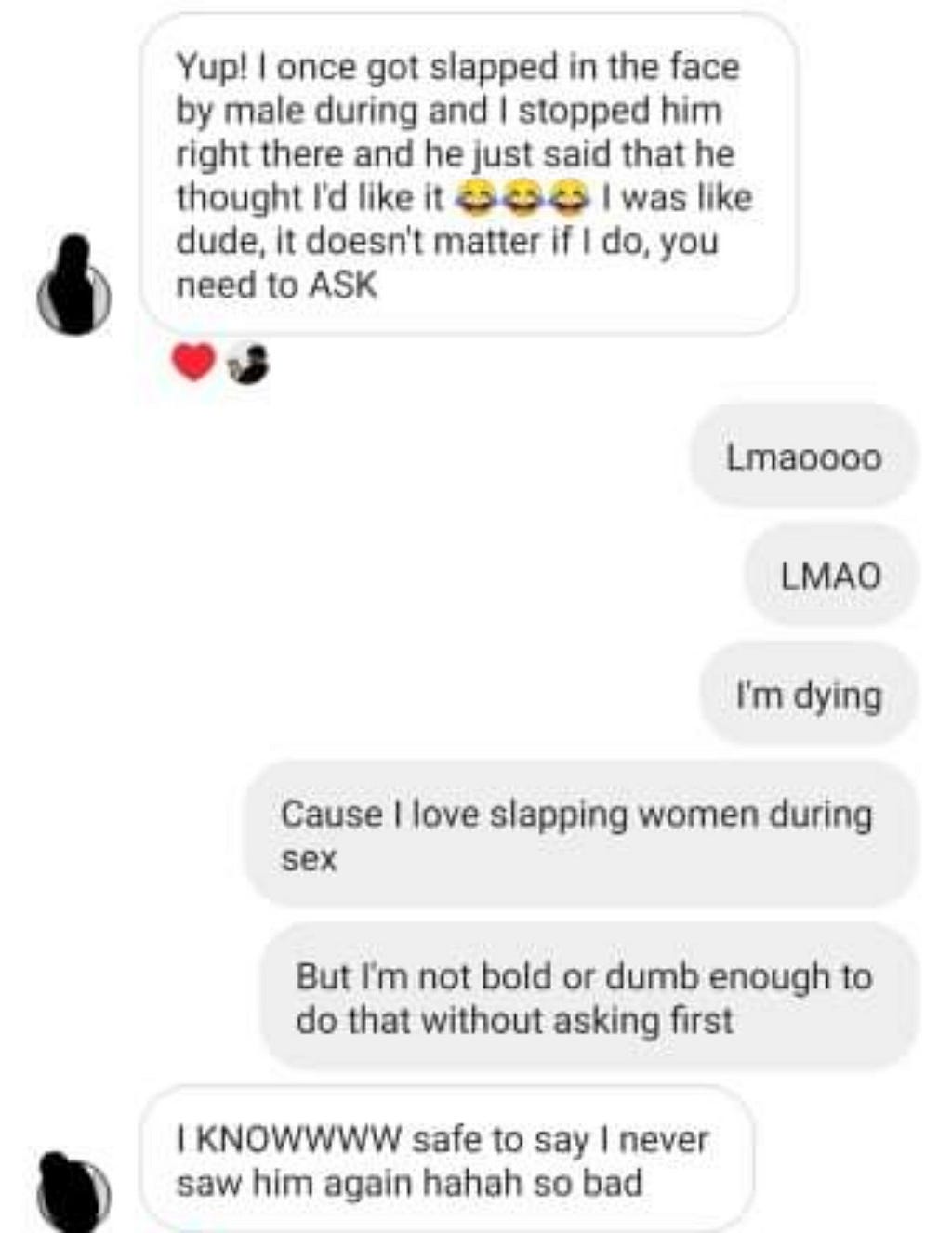 A screenshot from IG of a woman telling me about when a man slapped her face during sex without first asking for permission.