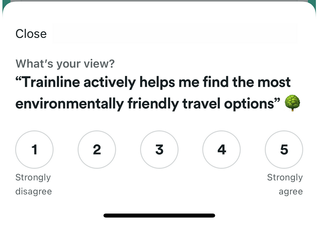 Zoomed in screenshot of Trainline one question survey asking about environmentally friendly travel options