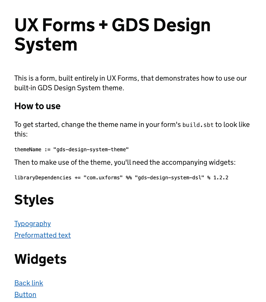 A screenshot of UX Forms’ demo form that shows how to use GDS’s Design System in UX Forms