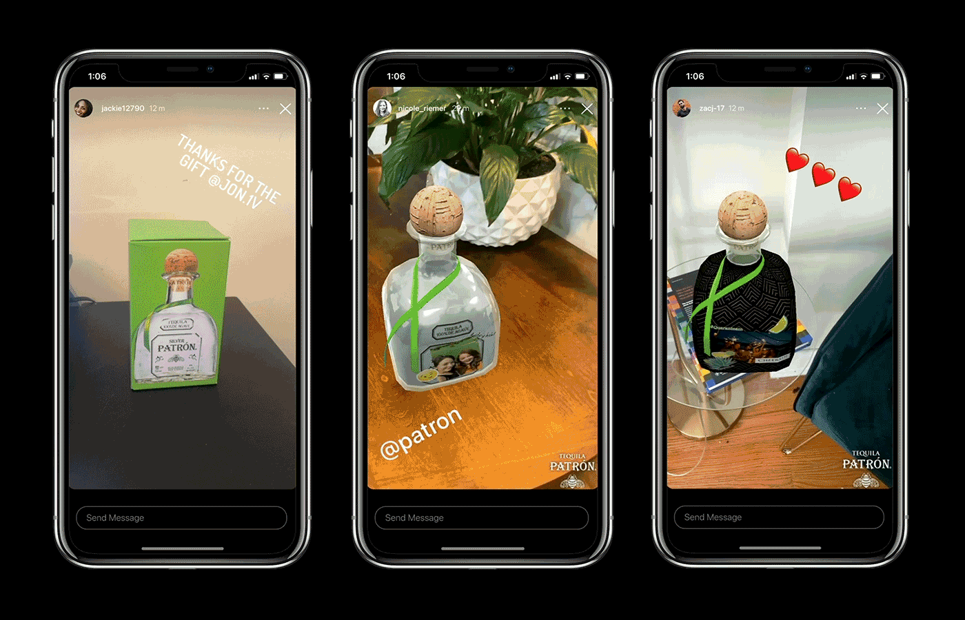 Patrón bottles coming to life in augmented reality.