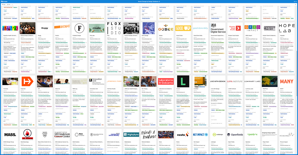 A grid of rectangles that display a list of organizations who use design for social change