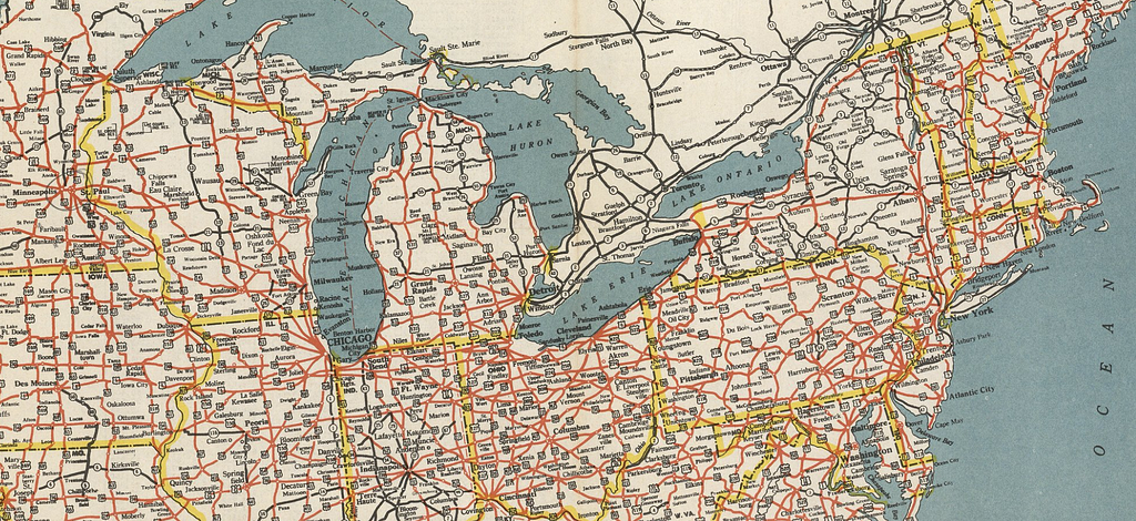 Historical road map focused on the midwest and northeast United States