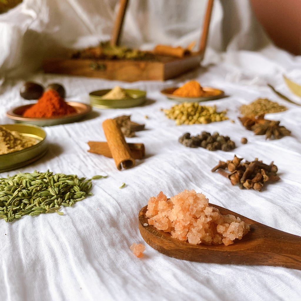 A variety of Indian Spices laid out to make TheGoodFoodPage’s Pav Bhaji Masala. Indian Spices in the right proportion and combination bring each indian dish its unique flavour & taste.
