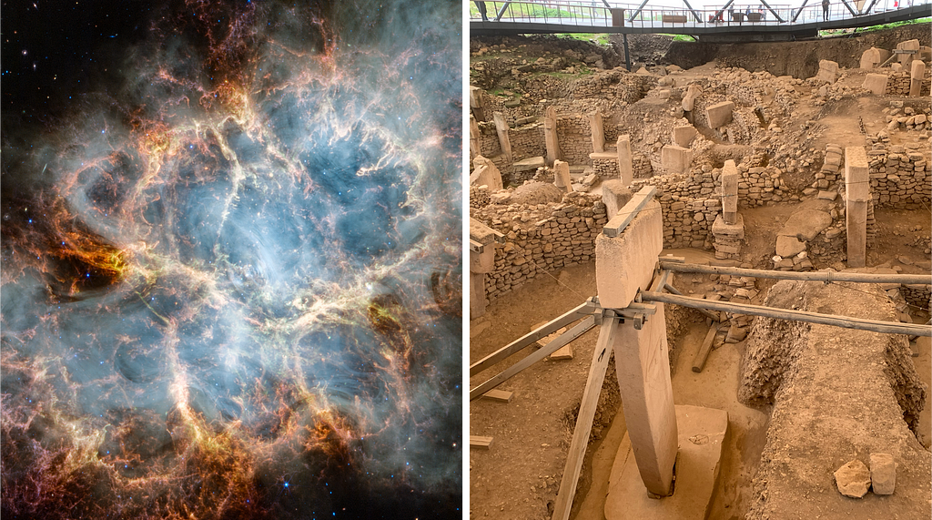 From distant cosmos to our ancient past, discovery inspires wonder and awe. Left: The Crab Nebula. Right: Göbekli Tepe excavation site.
