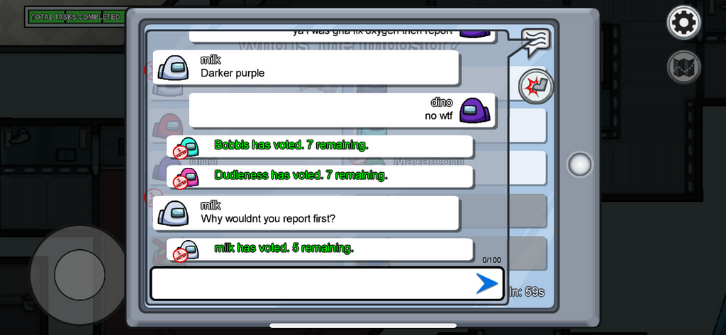 A screenshot of other players interrogating me for potentially being the imposter.